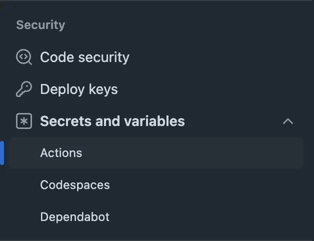 catégorie "security" du menu latéral des paramètres d'un repository github